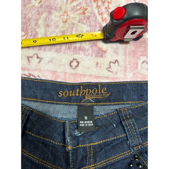 Y2K Southpole Dark Wash Low Rise Flare Jeans Rhinestone Embellished Size 9 - Picture 4 of 8